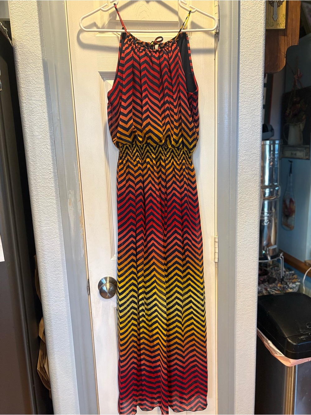 Sweet Storm Navy Dress with Red and Orange Chevron Stripes